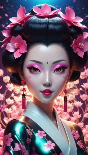 geisha girl,geisha,oriental princess,oriental girl,japanese doll,chinese art,the japanese doll,japanese art,plum blossoms,water lotus,taiwanese opera,lotus blossom,mulan,jasmine blossom,sacred lotus,plum blossom,peach blossom,oriental,japanese sakura background,japanese woman,Unique,3D,3D Character