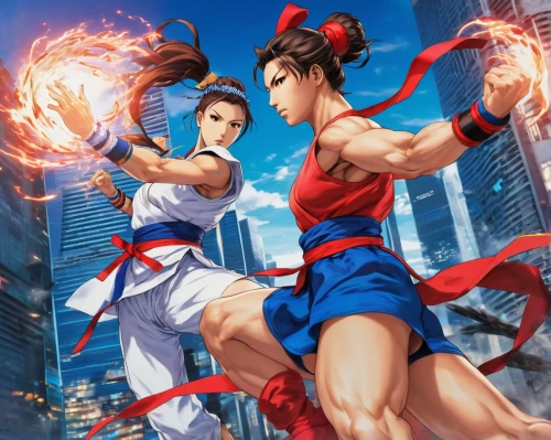 sanshou,japanese martial arts,martial arts,fighters,kai-lan,game illustration,wushu,kungfu,takikomi gohan,fighting poses,karate,fighting stance,wuchang,game art,red and blue,anime 3d,taekkyeon,fighting,xun,jinrikisha,Illustration,Japanese style,Japanese Style 04