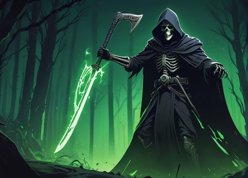 grimm reaper,grim reaper,patrol,undead warlock,cleanup,aaa,reaper,hooded man,scythe,massively multiplayer online role-playing game,aa,game illustration,druid grove,defense,dance of death,dodge warlock,druid,haunted forest,halloween background,blade of grass,Illustration,Black and White,Black and White 12