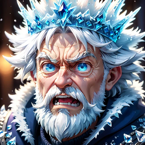 father frost,lokportrait,white walker,the snow queen,iceman,white rose snow queen,ice queen,hoarfrost,eternal snow,frost,olaf,ice crystal,winterblueher,blue snowflake,edelweiss,male elf,white beard,nordic christmas,fantasy portrait,poseidon god face,Anime,Anime,Cartoon