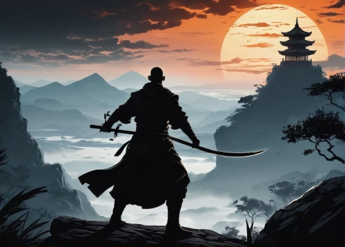 samurai,samurai fighter,yi sun sin,swordsman,shaolin kung fu,the wanderer,samurai sword,lone warrior,game illustration,shinobi,goki,mulan,xing yi quan,warrior east,game art,rising sun,shuanghuan noble,world digital painting,swordsmen,silhouette art,Illustration,Black and White,Black and White 33