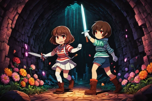 chasm,adventure game,magical adventure,hiyayakko,game illustration,action-adventure game,underground,chara,hand in hand,tunnel,tunnel of plants,yuki nagato sos brigade,cave tour,fairy village,png image,wonderland,two girls,wishing well,haruhi suzumiya sos brigade,villagers,Illustration,Black and White,Black and White 03