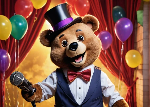 scandia bear,musical rodent,conductor,las vegas entertainer,suit actor,pubg mascot,shanghai disney,mascot,ringmaster,kids party,3d teddy,solo entertainer,birthday banner background,party banner,disney character,circus animal,the mascot,movie star,disneyland park,entertainer,Illustration,Realistic Fantasy,Realistic Fantasy 09