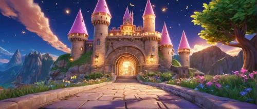 fairy tale castle,fairytale castle,sleeping beauty castle,cartoon video game background,knight's castle,disney castle,cinderella's castle,fantasy landscape,rapunzel,castle of the corvin,magical adventure,fairy tale,a fairy tale,fantasy world,fairy world,3d fantasy,fantasy picture,castle,fairy tale icons,gold castle,Illustration,Japanese style,Japanese Style 01