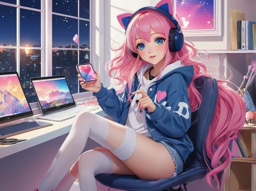 nyan,girl at the computer,girl studying,cpu,anime girl,desk,laptop,computer,illustrator,apple desk,unicorn art,online date,holding ipad,cg artwork,art background,anime 3d,computer addiction,listening to music,luka,gamer,Illustration,Japanese style,Japanese Style 09