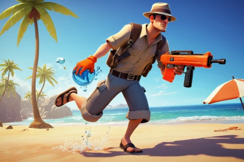 water gun,water fight,the beach fixing,man holding gun and light,steam release,beach defence,summer items,game illustration,janitor,raft guide,fish-surgeon,game art,engineer,south seas,summer icons,safe island,shooter game,water police,orange bay,sea scouts,Illustration,Retro,Retro 02