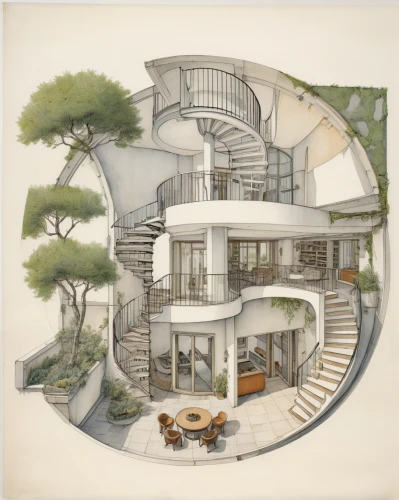 circular staircase,japanese architecture,archidaily,architect plan,garden elevation,house drawing,mid century house,house floorplan,floorplan home,winding staircase,houses clipart,mid century modern,an apartment,smart house,tree house,spiral staircase,escher,eco-construction,landscape plan,kirrarchitecture,Illustration,Paper based,Paper Based 29