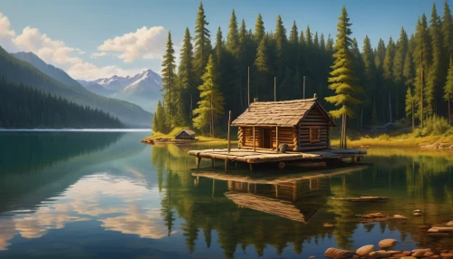 house with lake,small cabin,the cabin in the mountains,summer cottage,log cabin,home landscape,landscape background,cottage,world digital painting,log home,wooden hut,emerald lake,floating huts,mountain lake,beautiful lake,boathouse,house in the forest,alpine lake,house in mountains,cabin,Conceptual Art,Oil color,Oil Color 12
