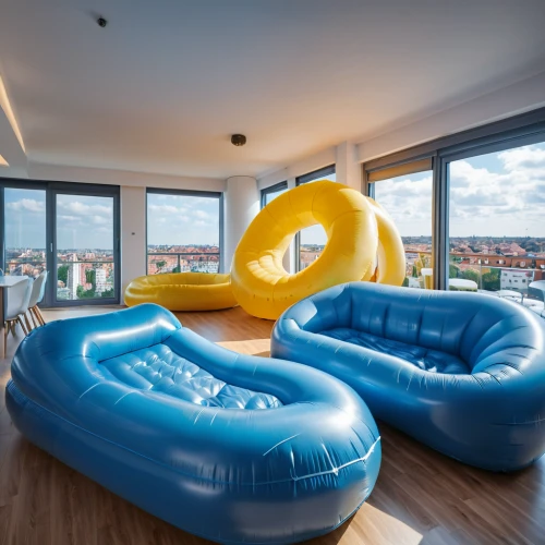 inflatable pool,inflatable ring,penthouse apartment,sky apartment,white water inflatables,inflatable mattress,water sofa,inflatable,ball pit,bouncy castle,bean bag chair,apartment lounge,loft,dug-out pool,kids room,bounce house,play area,shared apartment,great room,hotel w barcelona,Photography,General,Realistic