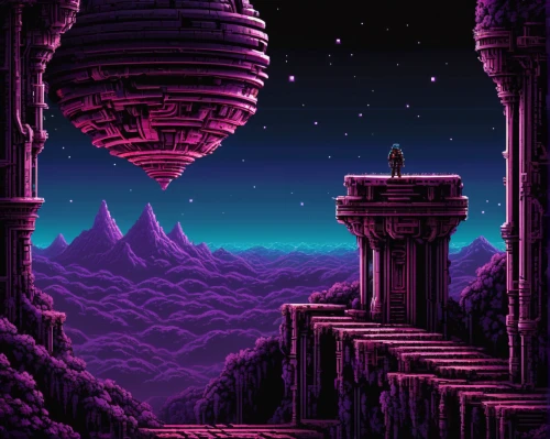 space port,spacescraft,futuristic landscape,retro background,pixel art,vast,alien planet,fantasy city,alien world,citadel,dune,odyssey,dusk background,metropolis,80's design,pillars,dusk,scifi,gas planet,ancient city,Conceptual Art,Sci-Fi,Sci-Fi 21