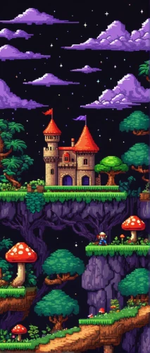 mushroom island,mushroom landscape,monkey island,cartoon video game background,gazebo,snes,witch's house,treehouse,super nintendo,pixel art,glass rock,knight's castle,dream world,cartoon forest,an island far away landscape,flying island,fairy village,house in the forest,space port,lonely house,Illustration,Paper based,Paper Based 22