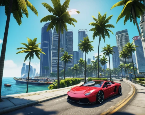 classic car and palm trees,cayman,miami,palm trees,palmtrees,south beach,tropics,porsche cayman,lotus elise,coastal road,tesla roadster,supra,honolulu,veyron,palm forest,palms,cruise,tropical jungle,harbour city,corvette,Illustration,Realistic Fantasy,Realistic Fantasy 19