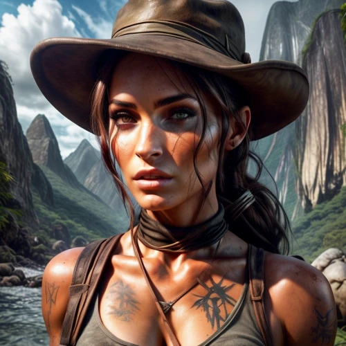 lara,croft,cheyenne,western,leather hat,fantasy portrait,world digital painting,game illustration,portrait background,custom portrait,game art,the hat-female,tiber riven,mara,brown hat,natural cosmetic,wild west,twitch icon,fantasy art,catarina