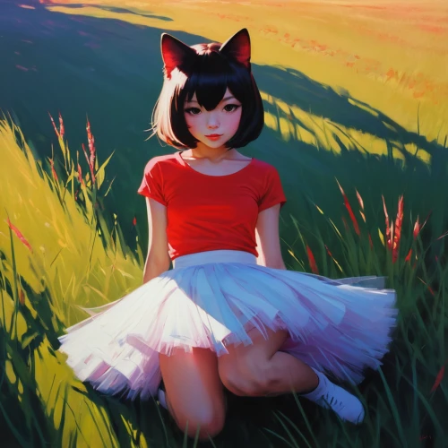 kitsune,child fox,mow,garden-fox tail,digital painting,fox,on the grass,cute fox,fennec,little fox,stray cat,in the tall grass,red riding hood,redfox,cat ears,springtime background,low-poly,low poly,little red riding hood,foxes,Conceptual Art,Fantasy,Fantasy 19