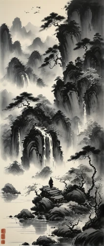 chinese art,japanese art,oriental painting,luo han guo,chinese clouds,cool woodblock images,xing yi quan,yi sun sin,japan landscape,japanese waves,river landscape,tai qi,yangqin,mountain scene,mountainous landscape,black landscape,sea landscape,tong sui,rou jia mo,mountain landscape,Illustration,Realistic Fantasy,Realistic Fantasy 04