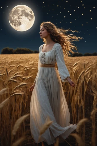 woman of straw,fantasy picture,the night of kupala,world digital painting,moonlit night,straw field,moon phase,the girl in nightie,sci fiction illustration,chamomile in wheat field,moonbeam,mystical portrait of a girl,wheat field,fantasy art,moonlit,sleepwalker,girl on the dune,moon shine,wheat fields,full moon day,Illustration,Black and White,Black and White 24