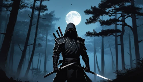 hooded man,grimm reaper,swordsman,scythe,grim reaper,swordsmen,black warrior,assassin,lone warrior,the wanderer,cartoon ninja,samurai fighter,samurai,quarterstaff,sci fiction illustration,shinigami,samurai sword,sward,knife head,reaper,Illustration,Black and White,Black and White 12