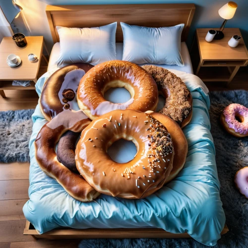breakfast in bed,bagels,bean bag chair,pretzels,find 3 pretzel out,salt pretzels,kanelbullar,donuts,rye rolls,inflatable ring,bagel,loveseat,sofa bed,pretzel sticks,doughnuts,pretzel rolls,bean bag,baby bed,pretzel,couch,Photography,General,Realistic