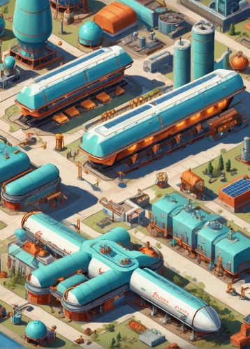 factories,industrial area,heavy water factory,refinery,industrial landscape,chemical plant,industrial plant,industrial tubes,industries,tank cars,cargo containers,industrial fair,pipelines,industry,railroads,freight trains,petrochemical,cargo port,trains,inland port,Illustration,Retro,Retro 12