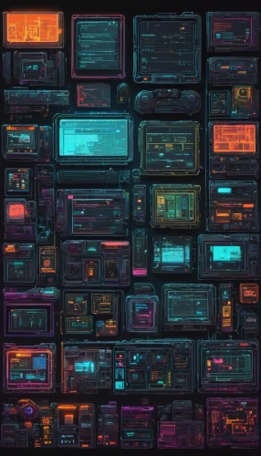 retro background,boxes,cassettes,jukebox,colorful city,inventory,pixel cells,screens,city blocks,cyberpunk,consoles,retro diner,devices,clutter,circuitry,neon coffee,scifi,stations,cyberspace,teal digital background,Illustration,Realistic Fantasy,Realistic Fantasy 05