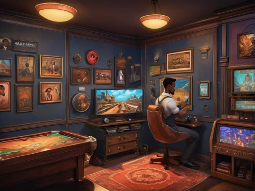 game room,playing room,recreation room,watchmaker,the little girl's room,pinball,billiard room,boy's room picture,secretary desk,consulting room,computer room,apothecary,art gallery,meticulous painting,the phonograph,writing desk,art dealer,the gramophone,creative office,study room,Illustration,Realistic Fantasy,Realistic Fantasy 21