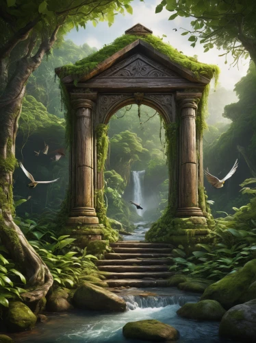 wishing well,fantasy landscape,the mystical path,fantasy picture,druid grove,world digital painting,crescent spring,ancient city,the ancient world,ancient house,place of pilgrimage,cartoon video game background,fantasy art,mountain spring,the ruins of the,landscape background,druids,background with stones,bird kingdom,ancient,Conceptual Art,Sci-Fi,Sci-Fi 07