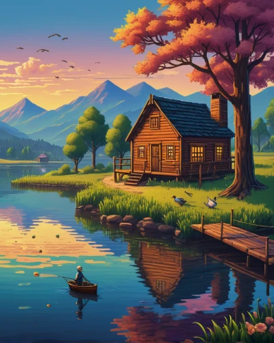 house with lake,summer cottage,home landscape,cottage,house by the water,landscape background,small cabin,lonely house,floating huts,little house,fisherman's house,houseboat,wooden house,boathouse,log home,the cabin in the mountains,log cabin,small house,world digital painting,beautiful home,Art,Artistic Painting,Artistic Painting 25