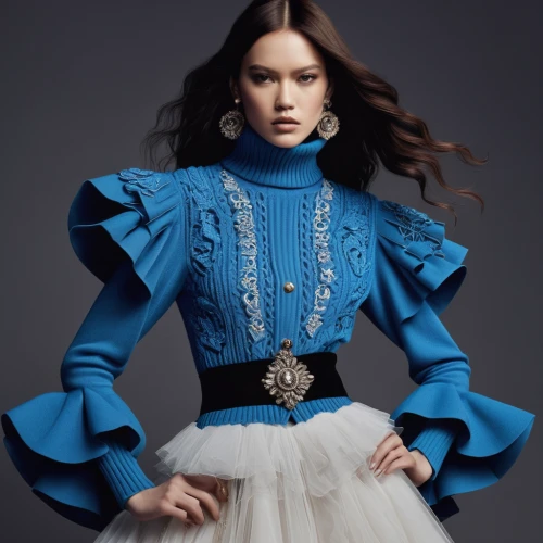 mazarine blue,jasmine blue,folk costume,russian folk style,vogue,blue peacock,suit of the snow maiden,hanbok,embellished,bodice,fashion doll,hoopskirt,turquoise wool,blue enchantress,doll dress,baroque angel,electric blue,elegance,bluebottle,color blue,Photography,Fashion Photography,Fashion Photography 21