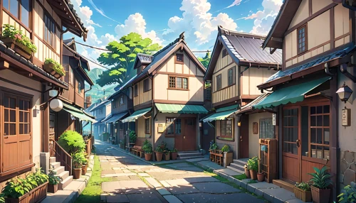 wooden houses,violet evergarden,medieval street,half-timbered houses,narrow street,knight village,studio ghibli,beautiful buildings,alpine village,old town,medieval town,old linden alley,escher village,aurora village,roofs,townhouses,alleyway,alley,neighborhood,hanok,Anime,Anime,General