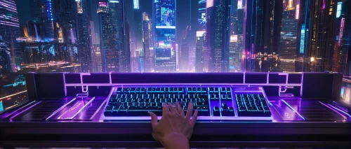 cyberpunk,computer desk,computer game,computer keyboard,computer terminal,the computer screen,computer,futuristic,computer screen,computer art,cyberspace,computer games,matrix,aesthetic,virtual world,computer room,trip computer,hands typing,digital piano,compute,Illustration,American Style,American Style 04
