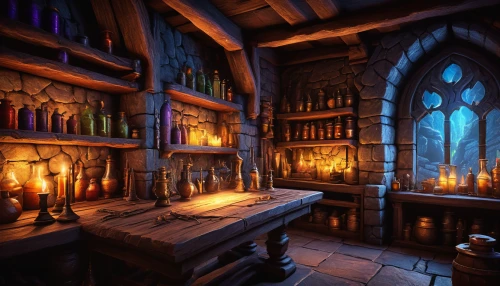 apothecary,candlemaker,potions,tavern,collected game assets,witch's house,dark cabinetry,potion,liquor bar,alchemy,distillation,unique bar,drinking establishment,chemical laboratory,wine cellar,candlelights,laboratory,pharmacy,wine bar,study room,Illustration,Japanese style,Japanese Style 13