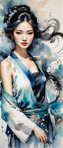 chinese art,oriental painting,watercolor women accessory,japanese art,glass painting,art painting,geisha girl,asian woman,oriental girl,meticulous painting,oriental princess,geisha,blue painting,the sea maid,water lotus,chinese background,fashion illustration,korean culture,watercolor background,watercolor blue,Illustration,Paper based,Paper Based 04