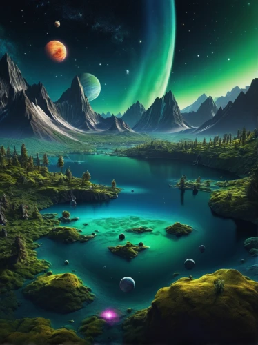 fantasy landscape,alien planet,alien world,fantasy picture,futuristic landscape,planets,space art,planet alien sky,planet eart,exoplanet,fantasy art,planet,world digital painting,terraforming,cartoon video game background,3d fantasy,planetary system,dream world,northen lights,landscape background,Photography,Artistic Photography,Artistic Photography 05