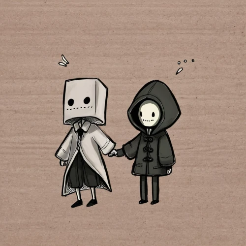 soft robot,robots,robotic,hold hands,danbo,robot,danboard,shake hands,holding hands,matchstick man,shake hand,robot icon,conversation,hooded,encounter,shaking hands,companion,pairing,raincoat,boy and girl,Conceptual Art,Fantasy,Fantasy 09