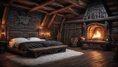 log home,sleeping room,ornate room,log cabin,great room,warm and cozy,rustic,fireplaces,bedding,the cabin in the mountains,skyrim,cabin,fireplace,guest room,wooden beams,four-poster,wooden sauna,fire place,lodge,bedroom,Illustration,Realistic Fantasy,Realistic Fantasy 46