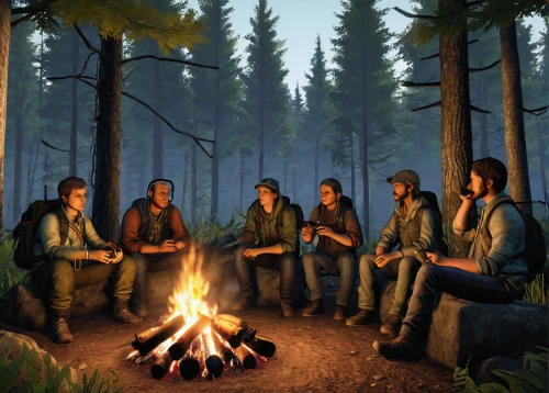 campfire,campfires,scouts,boy scouts,game illustration,boy scouts of america,forest workers,campers,camp fire,bushcraft,campsite,men sitting,camping,pathfinders,informal meeting,outdoor life,gathering,adventure game,team meeting,forest workplace,Illustration,Realistic Fantasy,Realistic Fantasy 29