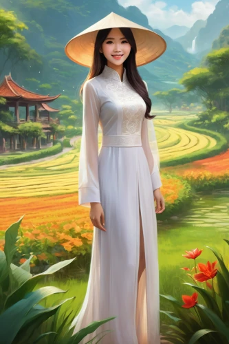 ao dai,vietnamese woman,viet nam,kaew chao chom,nước chấm,miss vietnam,ham ninh,landscape background,girl in a long dress,cao lầu,asian woman,vietnam,mì quảng,chạo tôm,bia hơi,asian conical hat,gỏi cuốn,chả lụa,oriental princess,spring background,Illustration,Realistic Fantasy,Realistic Fantasy 01