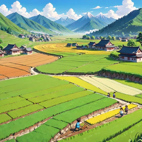 yamada's rice fields,rice fields,rice terrace,the rice field,ricefield,rice paddies,rice field,vietnam,rural landscape,japanese alps,agricultural,vietnam's,japan landscape,mountain village,farm landscape,vegetable field,green fields,alpine pastures,hokkaido,rice cultivation,Anime,Anime,Traditional