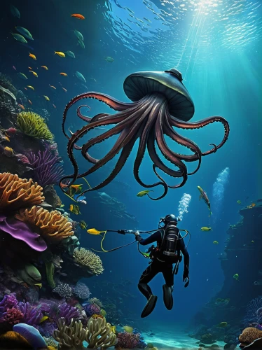 scuba,octopus vector graphic,deep sea,under sea,octopus,cephalopod,kraken,giant squid,undersea,underwater background,deep sea diving,calamari,scuba diving,cephalopods,fun octopus,marine animal,marine biology,the bottom of the sea,sea-life,under the sea,Art,Artistic Painting,Artistic Painting 34