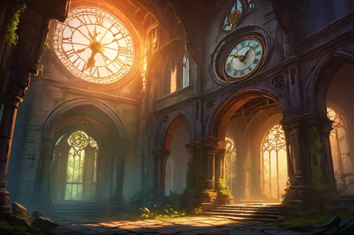 haunted cathedral,hall of the fallen,cathedral,sanctuary,gothic church,fantasy landscape,ruins,clockmaker,hours of light,lost place,threshold,dandelion hall,grandfather clock,sunken church,morning light,lostplace,gothic architecture,ruin,monastery,myst,Illustration,Realistic Fantasy,Realistic Fantasy 01