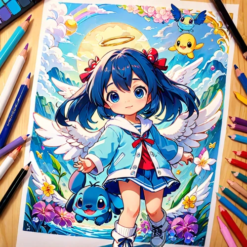 watercolor blue,ocean blue,blue birds and blossom,blue painting,yo-kai,copic,watercolor background,forget-me-not,studio ghibli,colorful stars,coelacanth,blue fish,blue petals,ocean,blue bird,blue heart,stitch,colorful heart,kids illustration,blue flower,Anime,Anime,Traditional