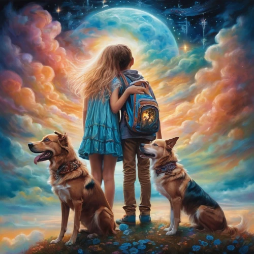 girl with dog,boy and dog,companion dog,travelers,fantasy picture,little boy and girl,walking dogs,children's background,dream world,fantasy art,girl and boy outdoor,dog walker,howl,blue moon rose,companionship,sci fiction illustration,companion,magical moment,walk with the children,boy and girl,Illustration,Realistic Fantasy,Realistic Fantasy 37