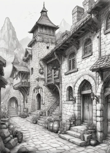 medieval street,medieval town,meteora,mountain settlement,stone houses,knight village,alpine village,castle iron market,mountain village,ancient city,medieval architecture,escher village,tuff stone dwellings,ancient buildings,concept art,hamelin,ancient house,medieval,old city,aurora village,Illustration,Black and White,Black and White 30