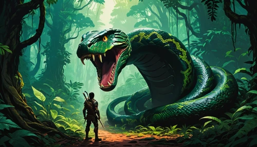 iguanidae,giant lizard,game illustration,raptor,emerald lizard,velociraptor,jurassic,dinosaruio,serpent,tyrannosaurus,dinosaur,landmannahellir,green dragon,dino,green snake,basilisk,trex,anaconda,sci fiction illustration,venomous,Conceptual Art,Fantasy,Fantasy 32