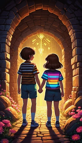 hold hands,hand in hand,holding hands,hands holding,stonewall,children's background,into each other,adventure game,little boy and girl,game illustration,pixel art,rainbow background,chasm,magical adventure,tunnel,valentines day background,rosa ' amber cover,rainbow bridge,background image,the luv path,Illustration,Abstract Fantasy,Abstract Fantasy 21