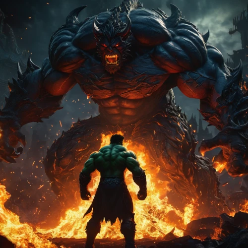 massively multiplayer online role-playing game,incredible hulk,avenger hulk hero,leopard's bane,hulk,heroic fantasy,warrior and orc,fire background,king kong,game art,god of thunder,splitting maul,gigantic,he-man,fury,the storm of the invasion,doomsday,kong,big hero,dragon slayer,Photography,General,Fantasy