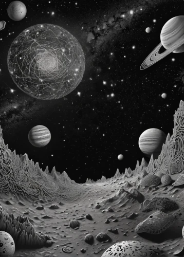 planets,alien planet,outer space,space art,sci fiction illustration,lunar landscape,planetary system,exoplanet,asteroids,astronomy,lost in space,planet eart,alien world,starscape,universe,celestial bodies,orbiting,planetarium,space,cosmos field,Illustration,Black and White,Black and White 11