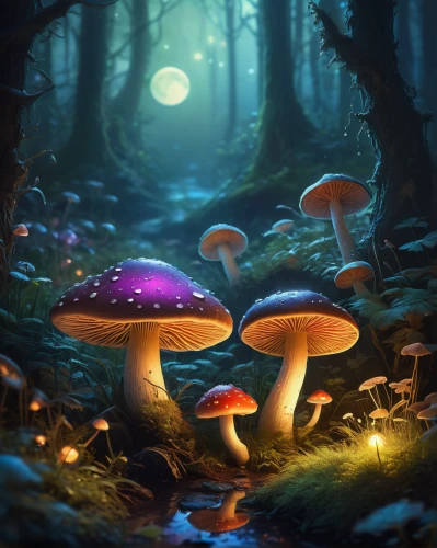 mushroom landscape,forest mushrooms,fairy forest,forest mushroom,toadstools,mushrooms,forest floor,fairytale forest,fungi,enchanted forest,mushroom island,fungal science,agaric,fairy world,edible mushrooms,club mushroom,mushroom type,toadstool,fantasy landscape,blue mushroom,Illustration,Realistic Fantasy,Realistic Fantasy 28