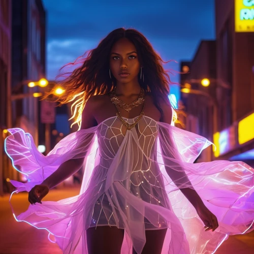 neon body painting,see-through clothing,drawing with light,luminous,hula,neon light,silk,light of art,light paint,neon lights,neon ghosts,tutu,girl walking away,pedestrian,colorful light,ethereal,woman walking,angelic,ballerina,night glow,Photography,General,Realistic