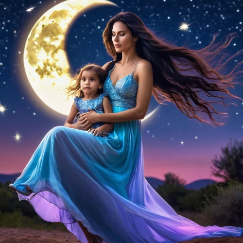 capricorn mother and child,little girl and mother,fantasy picture,blue moon rose,mother and daughter,mother with child,moon and star,star mother,sun and moon,mom and daughter,mother and child,celtic woman,children's fairy tale,baby with mom,moon and star background,mother earth,blue moon,motherhood,mother and baby,mother's,Photography,General,Realistic